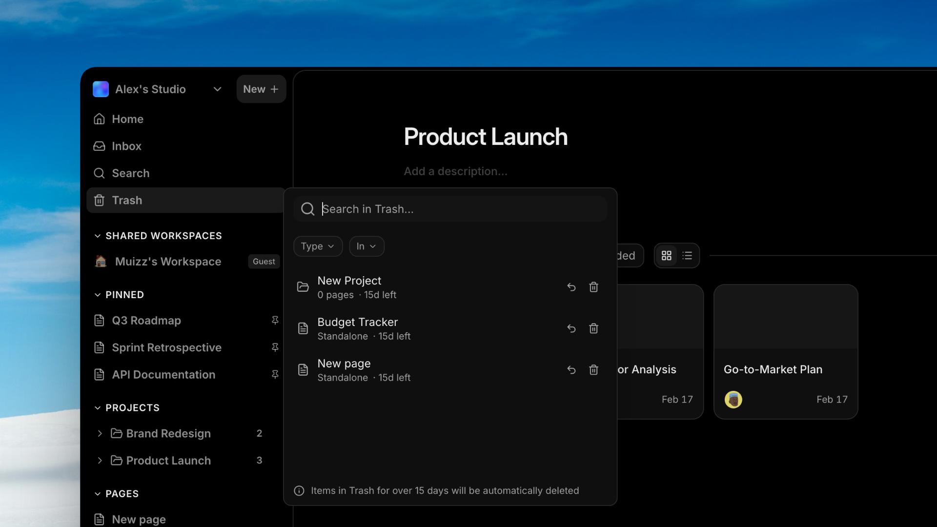 Trash, onboarding & collaboration