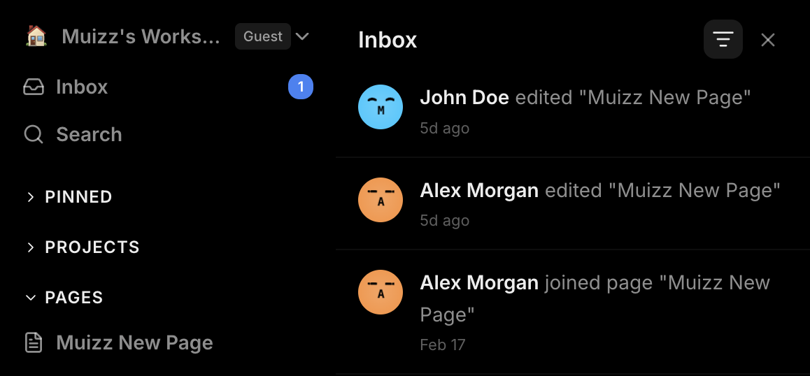 Notification panel showing mentions and activity