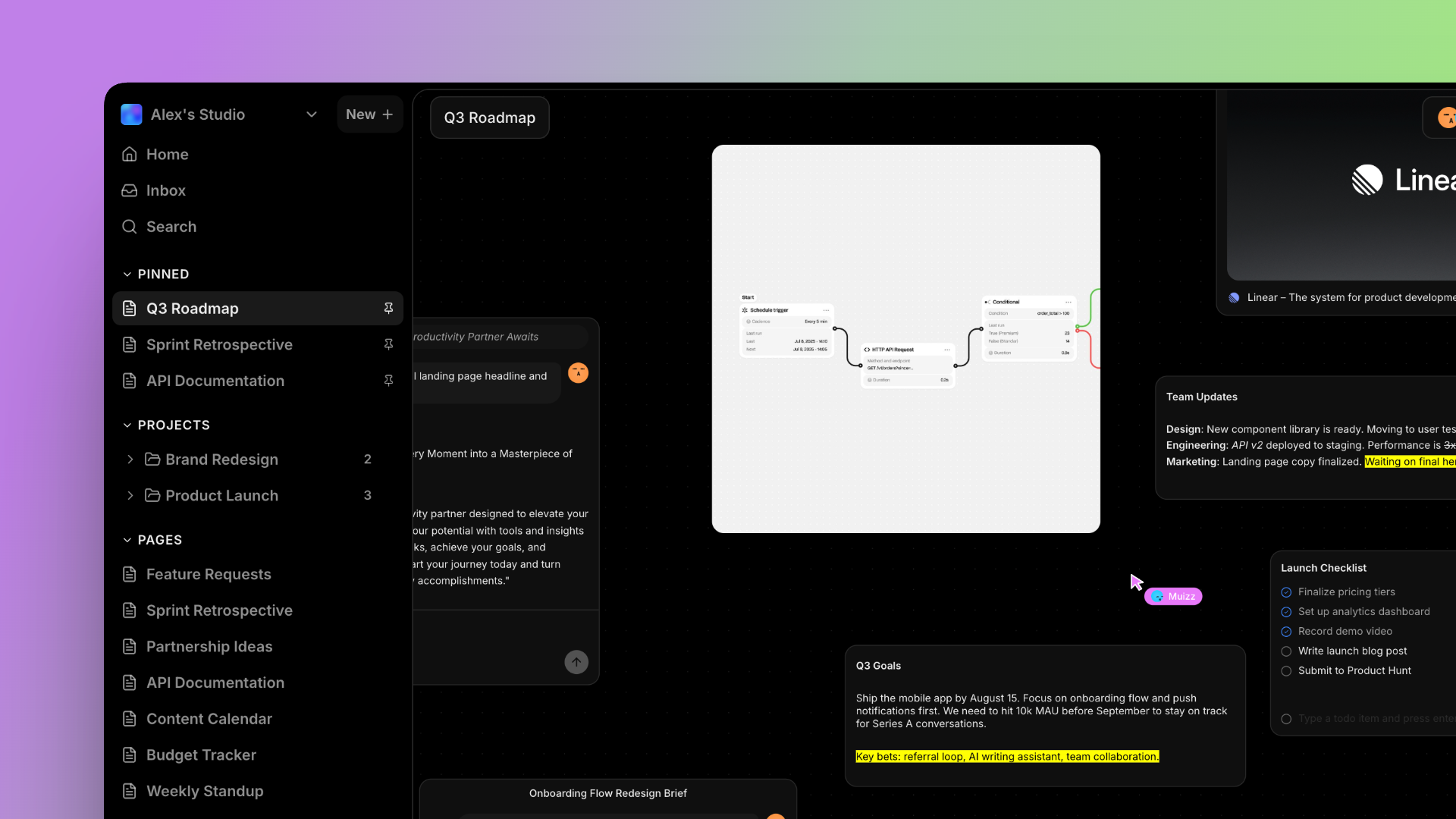Sidebar showing projects, pages, and pinned items