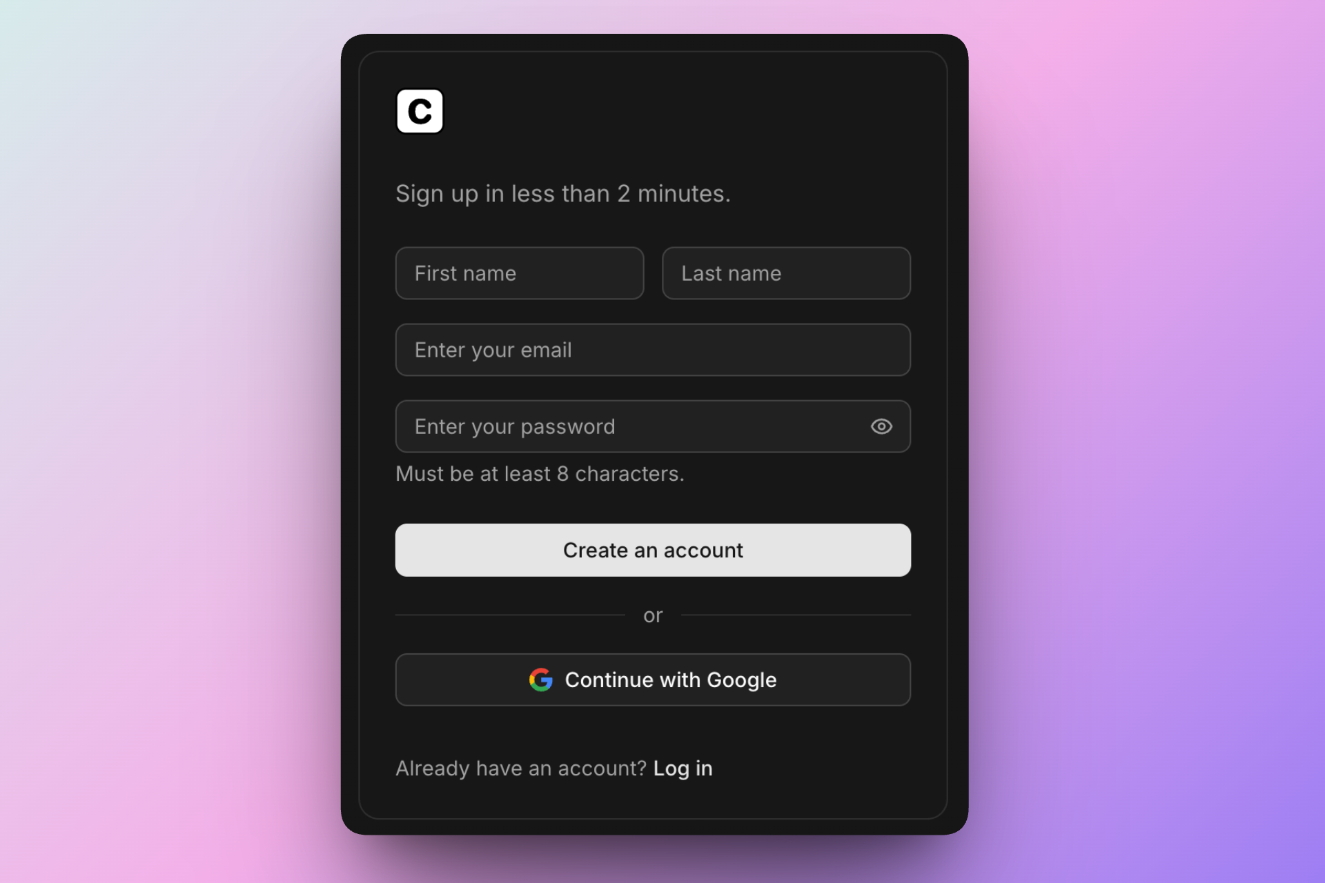 Cobloc sign-up screen