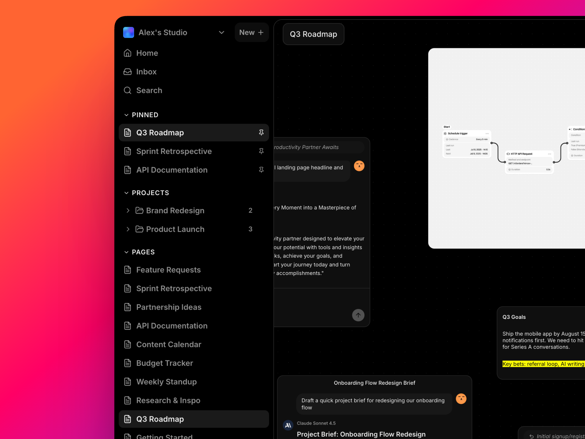 Workspace home dashboard with recent pages and pinned items